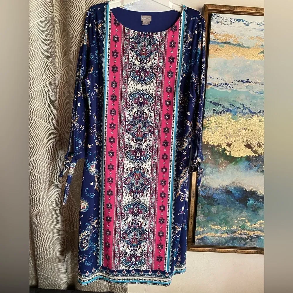 Chico’s Midi Dress Size 1 Colorful  Floral Sheath Shift Stretch